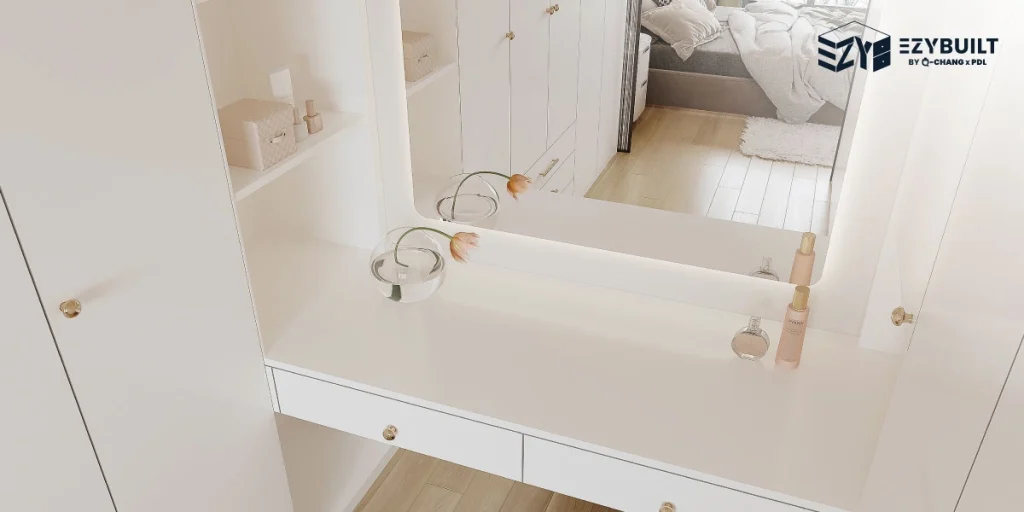 แบบโต๊ะเครื่องแป้ง Built-in มีความแข็งแรงเพราะเชื่อมกับโครงสร้างบ้าน