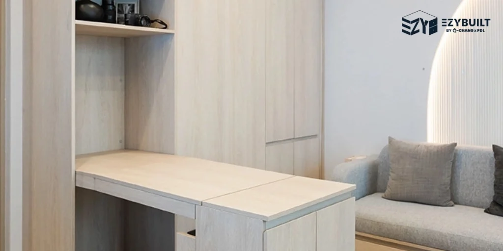 โต๊ะทำงานแบบพับเก็บ เหมาะกับการแต่งคอนโดขนาดเล็ก เพราะสามารถเก็บเข้ามุมตอนที่ไม่ต้องการใช้งาน