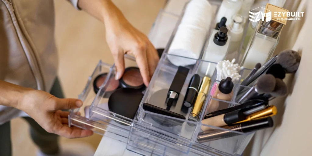 นำกล่องมาแยกประเภทเครื่องสำอาง เป็นไอเดียจัดโต๊ะเครื่องแป้งให้เป็นระเบียบ