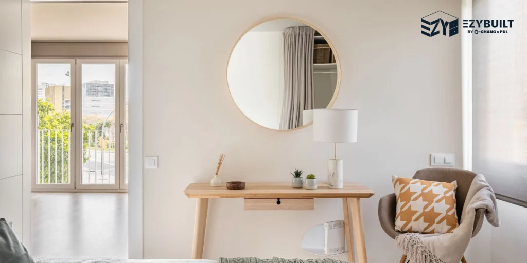 แบบโต๊ะเครื่องแป้งที่ดีควรมาพร้อมกับกระจกบานใหญ่ และมีลิ้นชักเก็บของ