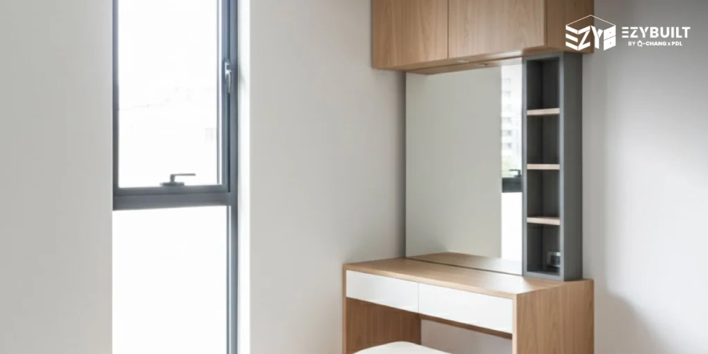 ควรจัดโต๊ะเครื่องแป้งไว้บริเวณหน้าต่าง เพื่อให้มีแสงสว่างเพียงพอ