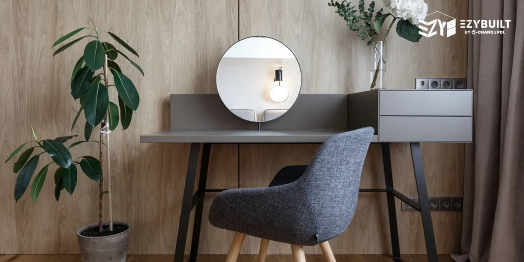 โต๊ะเครื่องแป้งสวย ๆ สไตล์ Modern คุมโทนด้วยสีดำและเทาเข้ม