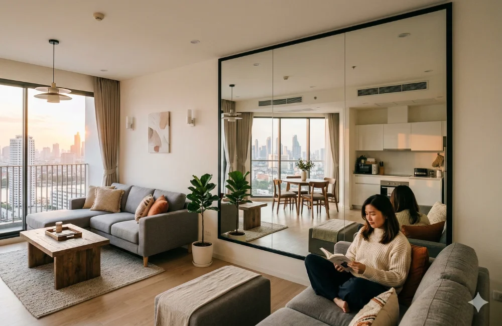 ติดตั้งกระจกเงาบานใหญ่บนผนัง